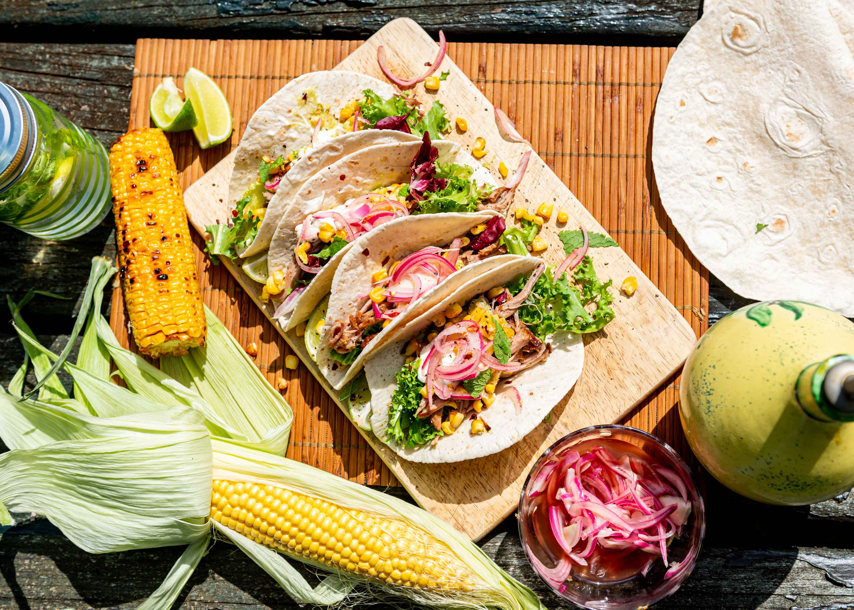 Quick Pulled Pork, Sweetcorn & Pickled Onion Tacos